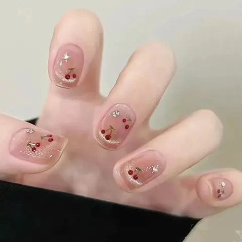 Uñas Postizas Hechas a Mano Lindas Cereza Estrass Ojo de Gato Arte de Uñas Cortas Redondas Estilo Dulce Para Mujeres