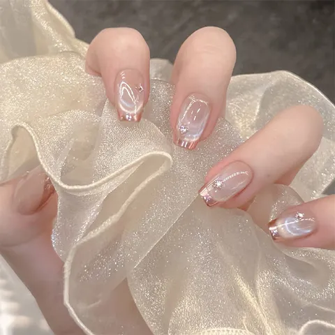 Handmade Press On Nails Cat Eye Rhinestone French Trapezoid False Nails Artificial Finger Nail Art Tips For Women