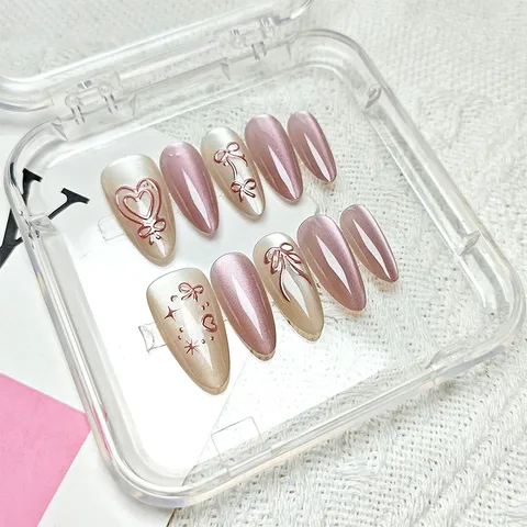 Faux Ongles à Presser Faits Main Forme Amande Œil de Chat Cœur Nœud Faux Ongles Conseils Avec Boîte de Rangement