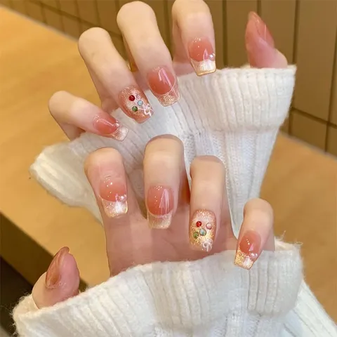 Uñas Postizas Francesas con Estrass 3D y Degradado Ojo de Gato Uñas Postizas con Perla Artificial Decorada Consejos de Arte de Uñas Acrílicas Hechas a Mano para Mujeres
