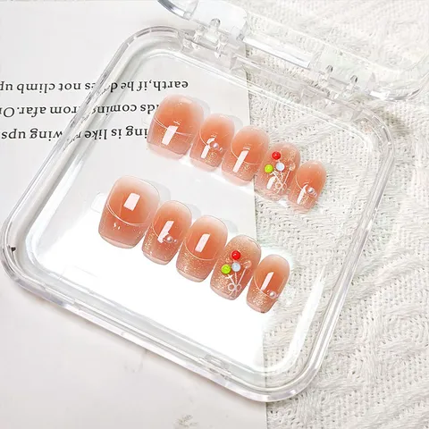 Uñas Postizas Francesas con Estrass 3D y Degradado Ojo de Gato Uñas Postizas con Perla Artificial Decorada Consejos de Arte de Uñas Acrílicas Hechas a Mano para Mujeres