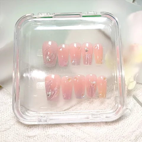 Uñas Postizas Press On Ojo de Gato Estrass Purpurina Uñas Falsas Estilo Dulce Kit de Manicura Con Gel