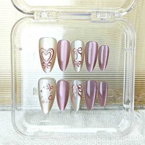 Faux Ongles à Presser Faits Main Forme Amande Œil de Chat Cœur Nœud Faux Ongles Conseils Avec Boîte de Rangement