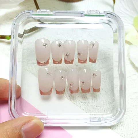 Handmade Press On Nails Cat Eye Rhinestone French Trapezoid False Nails Artificial Finger Nail Art Tips For Women