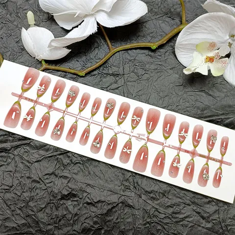Unghie Press On Verdi Francesi Mandorla Finte Unghie con Strass Perla Fiocco Design Carino Acrilico Nail Art Falsi Unghie Suggerimenti