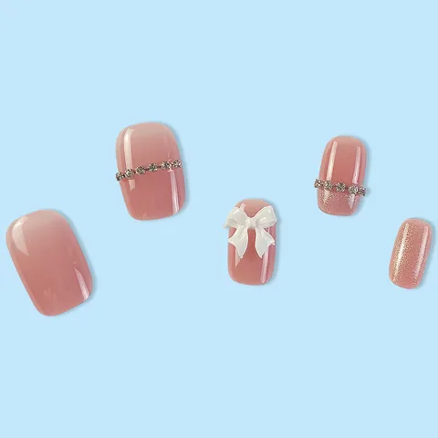Unghie Finte Press On Occhio di Gatto Cristallo Rosa Nude Unghie Finte Quadrate Corte Fiocco Strass Set per Unghie per Donne