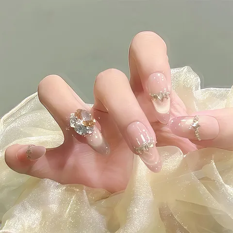 Handmade Press On Nails Nude Pink Cat Eye Glitter Rhinestone Short Almond False Nail Art Tips Set For Women