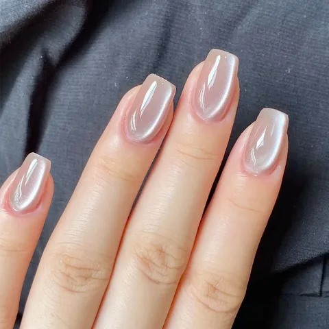 Uñas Postizas Cortas y Minimalistas Rosa Nude Ojo de Gato Uñas Postizas Trapezoidales Brillantes Reutilizables Diseño de Arte Para Mujeres