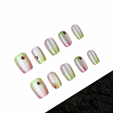 Gradient Rhinestone Press On Nails Short Cat Eye Fake Nails False Nail Tips With Jelly Glue Or Plastic Box Beauty Nail Art
