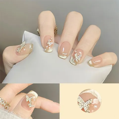 Uñas Postizas Hechas a Mano Estilo Francés Nude Ojo de Gato Strass Perla Mariposa Uñas Postizas Cortas Coffin Conjunto de Arte para Mujeres