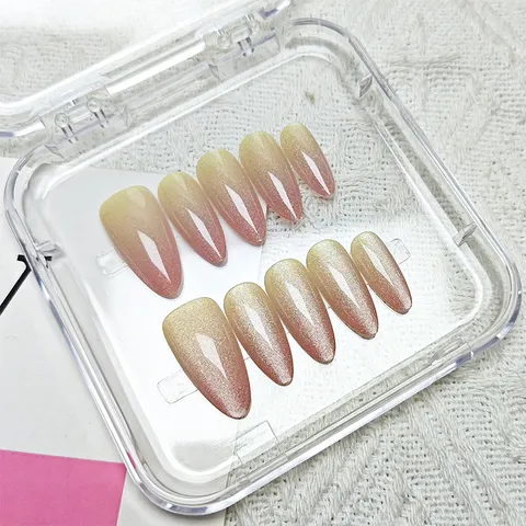 Unghie Finte Press On Sfumatura Occhio di Gatto Nude Giallo Rosa Corto Mandorla Fatte a Mano Punte per Nail Art in Acrilico per Donne