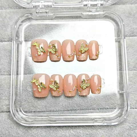 Uñas Postizas Hechas a Mano Estilo Francés Nude Ojo de Gato Strass Perla Mariposa Uñas Postizas Cortas Coffin Conjunto de Arte para Mujeres