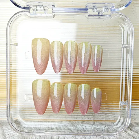 Unghie Finte Press On Sfumatura Occhio di Gatto Nude Giallo Rosa Corto Mandorla Fatte a Mano Punte per Nail Art in Acrilico per Donne