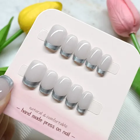 Elegant Light Pink Silver French Tip Press On Nails Natural Smudge Handmade Ballerina Fake Nails For Women Daily Use