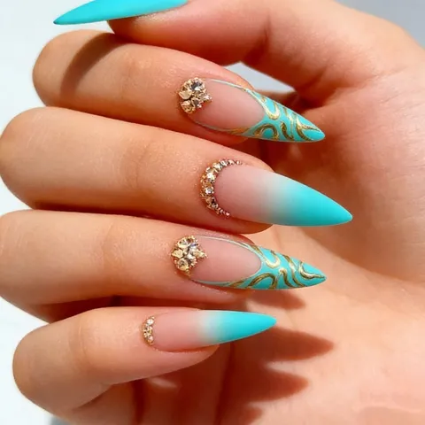 Uñas Postizas Larga Almendra Brillo Degradado Azul Oro Diamantes de Imitación Uñas Acrílicas Cobertura Completa Decoración Manicura Mujeres