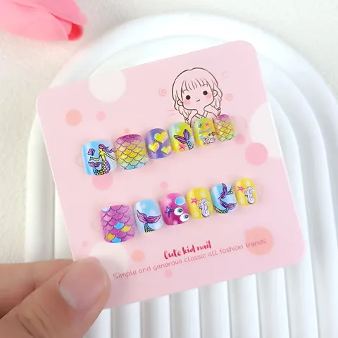 Lindas Uñas Postizas A Presión Niños Sirena Dibujos Animados Degradado Rosa Purpurina Uñas Postizas Juguetonas Uñas Postizas Cortas Paquete De Tarjetas Para Niñas Fiesta Diaria Arte Decorativo
