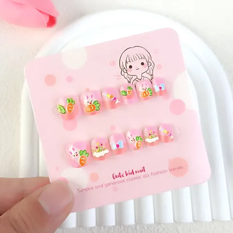 Cute Cartoon Pink Bunny Carrot Press On Nails Embossed Artificial False Nails For Kids Children Girls Nails Decor