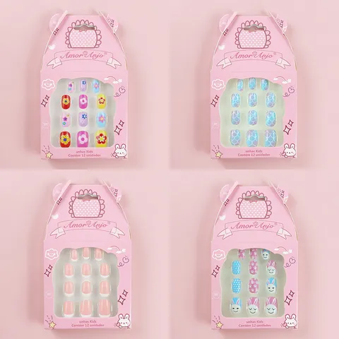 Uñas Postizas a Presión Infantiles Lindo Dibujos Animados Conejo Rosa Azul Corto Cuadrado Redondo Uñas Artificiales Para Niños