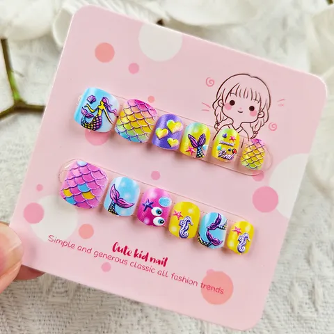 Lindas Uñas Postizas A Presión Niños Sirena Dibujos Animados Degradado Rosa Purpurina Uñas Postizas Juguetonas Uñas Postizas Cortas Paquete De Tarjetas Para Niñas Fiesta Diaria Arte Decorativo
