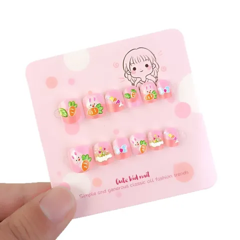 Cute Cartoon Pink Bunny Carrot Press On Nails Embossed Artificial False Nails For Kids Children Girls Nails Decor