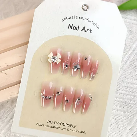 Gradient Pink Press On Nails Φιόγκος Πεταλούδας Στρας Long Coffin Ψεύτικα Νύχια Ψεύτικα Ακρυλικά Νύχια Με Κιτ Jelly Glue