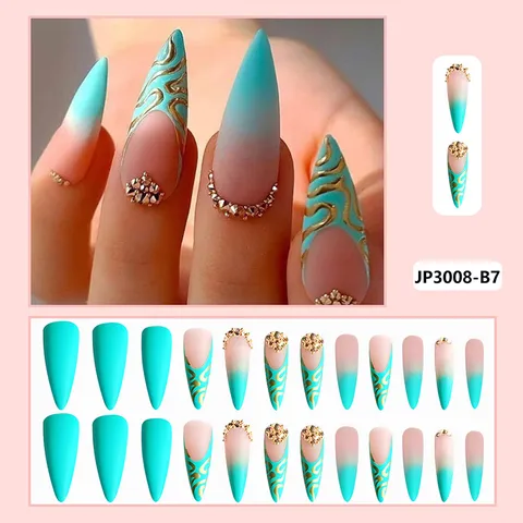 Uñas Postizas Larga Almendra Brillo Degradado Azul Oro Diamantes de Imitación Uñas Acrílicas Cobertura Completa Decoración Manicura Mujeres