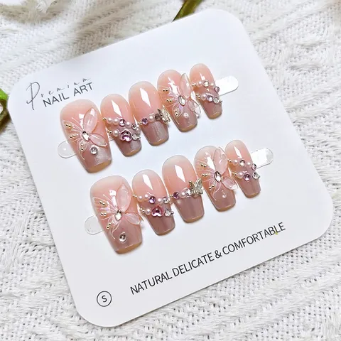 Dulce Rosa Ojo De Gato Uñas Postizas A Presión Con Mariposa 3D Strass Hecho A Mano Uñas Para Mujeres Fiesta Decoración Diaria