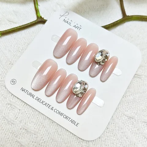 Uñas A Presión Ojo De Gato Rosa Nude Elegantes Degradado Ovalado Con Strass Uñas Postizas Para Mujer Manicura Diaria Decorativa