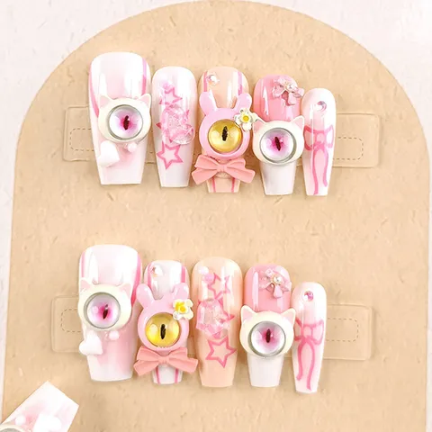 Unghie Finte Rosa Carine Stile Dopamina Unghie Finte Con Fiocco Cuore Design Occhio di Mostro Unghie Acriliche Riutilizzabili Per Donne