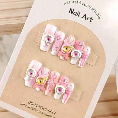 Unghie Finte Rosa Carine Stile Dopamina Unghie Finte Con Fiocco Cuore Design Occhio di Mostro Unghie Acriliche Riutilizzabili Per Donne