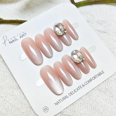 Uñas A Presión Ojo De Gato Rosa Nude Elegantes Degradado Ovalado Con Strass Uñas Postizas Para Mujer Manicura Diaria Decorativa