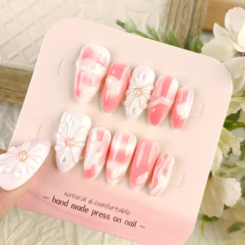 Uñas Postizas a Presión de Almendra Hechas a Mano Uñas Postizas Degradadas Rosa Blanco Uñas de Gel Brillante Con Perla Artificial Diseño de Flores 3D para Mujer Decoración Diaria