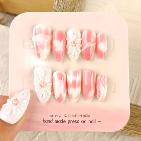 Uñas Postizas a Presión de Almendra Hechas a Mano Uñas Postizas Degradadas Rosa Blanco Uñas de Gel Brillante Con Perla Artificial Diseño de Flores 3D para Mujer Decoración Diaria