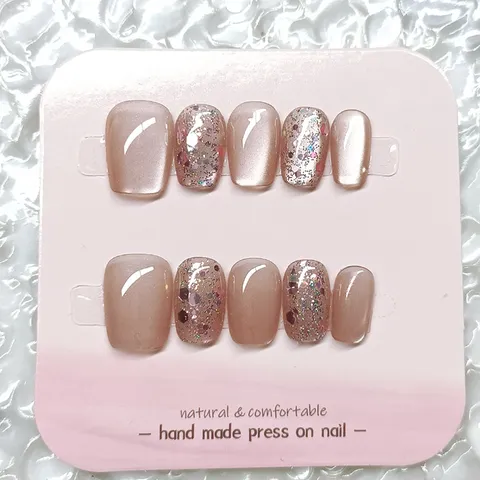 Handmade Cat Eye Press On Nails Short Coffin Fake Nails Sweet Pink Glitter False Nails Shimmering Starry Sky Artificial Nails For Women