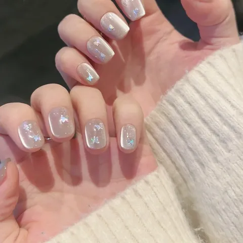 Uñas Postizas a Presión Hechas a Mano Ojo de Gato Mariposa Láser Puntas de Gel Cortas Cuadradas Redondas Decoración Mujer
