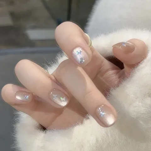 Uñas Postizas a Presión Hechas a Mano Ojo de Gato Mariposa Láser Puntas de Gel Cortas Cuadradas Redondas Decoración Mujer