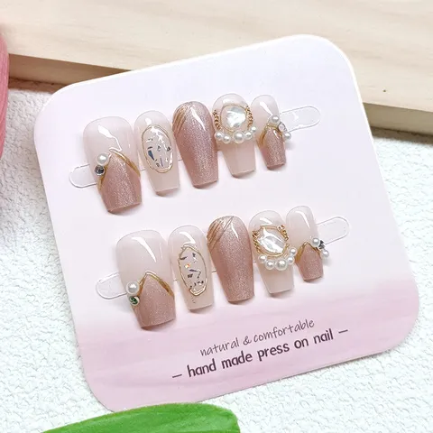Uñas Postizas a Presión Coffin Hechas a Mano Efecto Ojo de Gato Con Perlas Artificiales Adorno de Strass Manicura Estilo Dulce para Mujeres