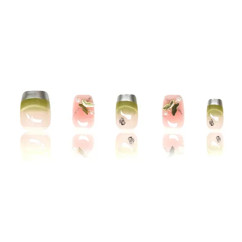 Uñas Postizas a Presión Hechas a Mano de Resina Verde Esmeralda Ojo de Gato Borde Plateado Mariposa para Mujer Manicura