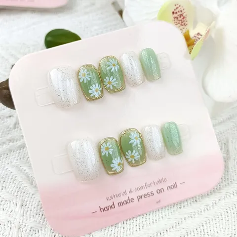 Fresco Dulce Floral Uñas a Presión Hecho a Mano Estilo Ballet Verde Margarita Brillo Uñas Postizas Para Mujeres Diario