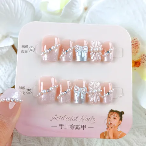 Uñas a Presión Degradado Rosa Nude Lazo Con Perla Artificial Strass Flor de Cristal Decorativo Uñas para Mujer Fiesta Joyería