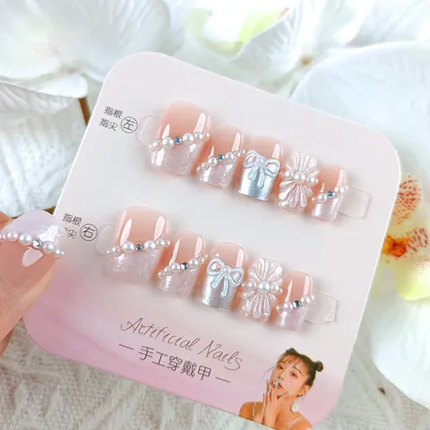 Uñas a Presión Degradado Rosa Nude Lazo Con Perla Artificial Strass Flor de Cristal Decorativo Uñas para Mujer Fiesta Joyería