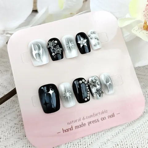 Y2K Gris Plateado Difuminado Uñas Postizas A Presión Hecho A Mano Estrellas Metálicas Brillo Uñas Postizas Para Mujeres Diario Fiesta