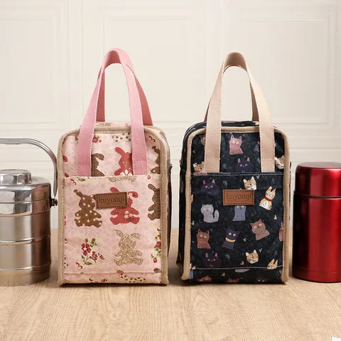 Waterdichte Canvas Geïsoleerde Lunchtas Leuke Cartoon Print Draagbare Handtas Thermische Voedsel Picknicktas Voor Vrouwen Kantoor Woon-Werkverkeer