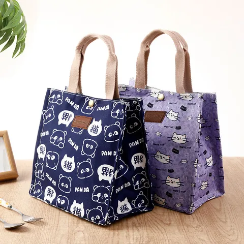 Japanse Stijl Canvas Lunchtas Schattige Cartoon Kat Tote Tas Geïsoleerde Draagbare Bento Pouch Kantoor Handtas