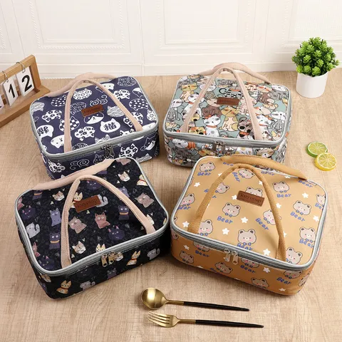Japanse Stijl Canvas Geïsoleerde Lunchtas Leuke Cartoon Dierenprint Draagbare Thermische Bento Tas Met Aluminiumfolievoering