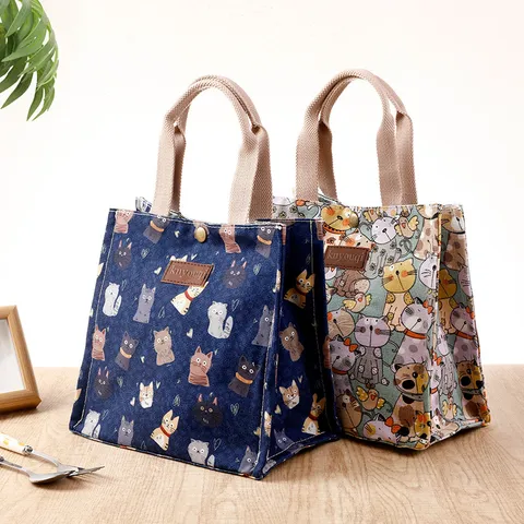 Japanse Stijl Canvas Lunchtas Schattige Cartoon Kat Tote Tas Geïsoleerde Draagbare Bento Pouch Kantoor Handtas