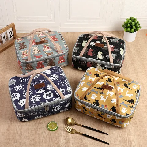 Japanse Stijl Canvas Geïsoleerde Lunchtas Waterdicht Draagbaar Thermisch Bento Tasje Cartoon Dierenprint Picknick Handtas