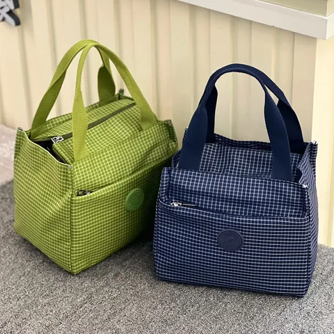 Koreaanse Stijl Kleine Ruit Geïsoleerde Lunchtas Waterdichte Oxford Stof Draagbare Bento Tas Voor Kantoor School Woon-Werkverkeer