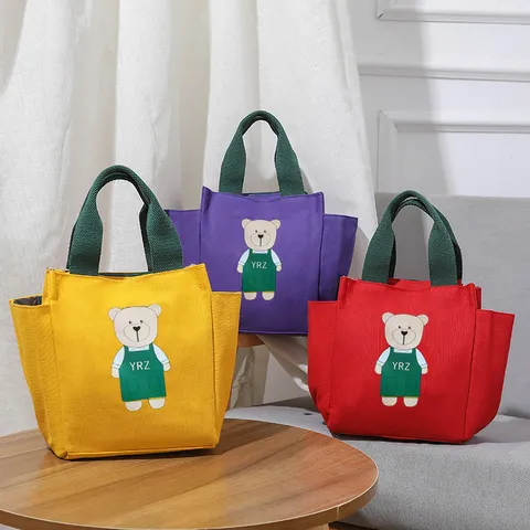 Schattige Cartoon Beer Canvas Lunchtas Japanse Stijl Draagbare Handtas Kantoormedewerker Grote Tote Tas Vrouwen Dagelijkse Woon-werkverkeer Pouch