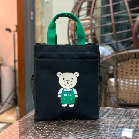 Bolso Tote de Lona Casual Estampado de Oso de Dibujos Animados Bolsa de Tutoría Estudiantil Multicapa Bolso de Mano Bolsa de Documentos